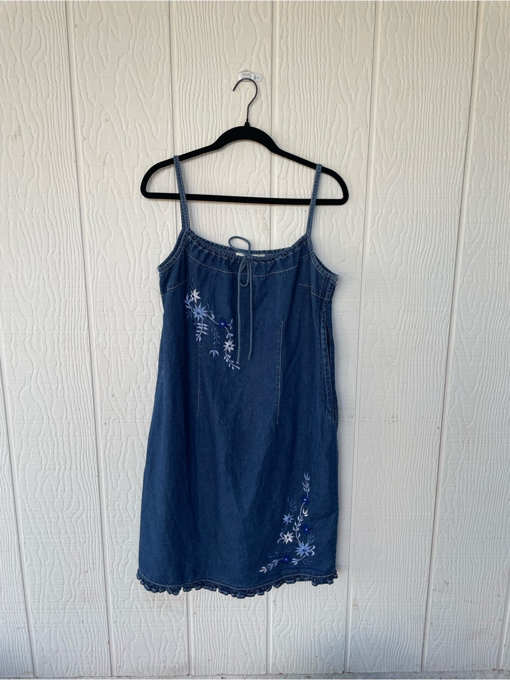 Newport News Denim Dress with Embroidered Flowers and Ruffle Hem
